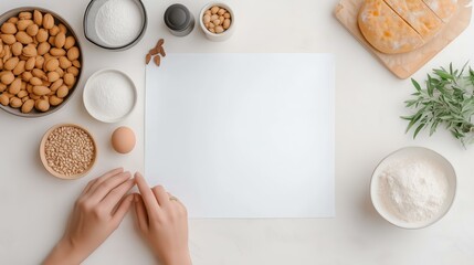 Culinary workspace with baking ingredients and fresh bread on a clean white surface