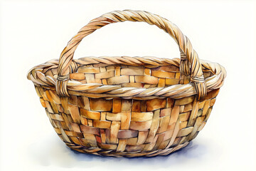 Obraz premium Watercolor wicker basket. Illustration clipart isolated on white background.