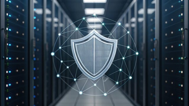a large server room with rows of server racks. a glowing shield symbol is projected onto the floor. the shield symbolizes data protection and security