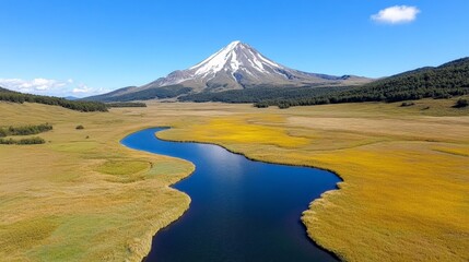 Fototapeta premium Majestic Snow-Capped Kronotsky Volcano Reflects in Serene Waters