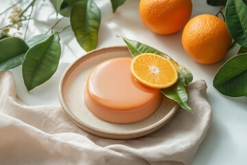 Dessert features smooth textures dessert, showcasing orange mousse with mirror glaze and fresh orange slices. Concept emphasizes delightful smooth textures dessert experience