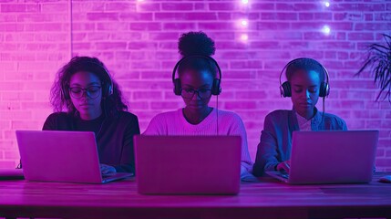 Three professional support agents wearing headsets, each working on a laptop, symbolizing teamwork and efficiency.