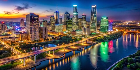 Dallas Texas Night Cityscape Skyline Stunning Aerial View