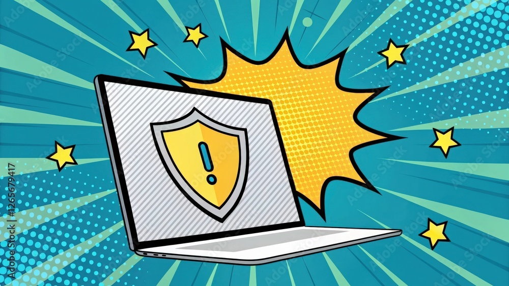 Poster laptop with a shield icon and an exclamation mark in a colorful comic book style background with a s