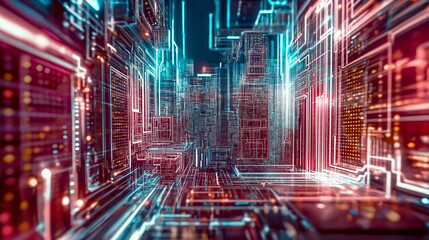 3d neon microchip city grid animation close spin