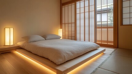 Serene bedroom features a platform bed with warm lighting