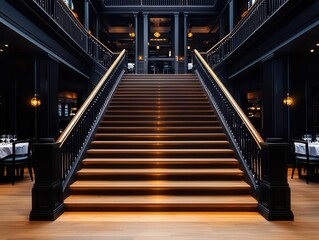 Highend boutique hotel twostory restaurant with a dramatic staircase, opulent decor, and exclusive ambiance