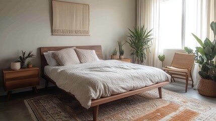 Fototapeta premium Bright bedroom features a wooden bed and indoor plants