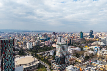 Aerial drone view of Tirana, Albania, showcasing its urban landscape