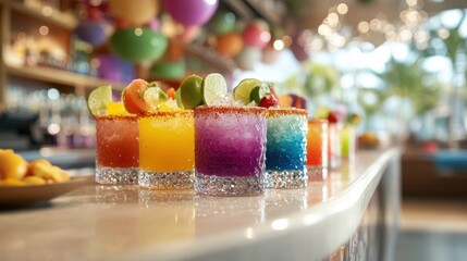 mexican cocktail bar, a lively margarita and cocktail bar featuring vibrant drinks adorned with lime, chili salt, and fresh fruit, amidst festive mexican-inspired decor