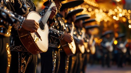 mexican music celebration, mariachi band performing in traditional attire, with festive crowd in background