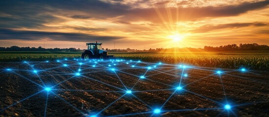 Smart farming sunset scene with tractor and digital network.
