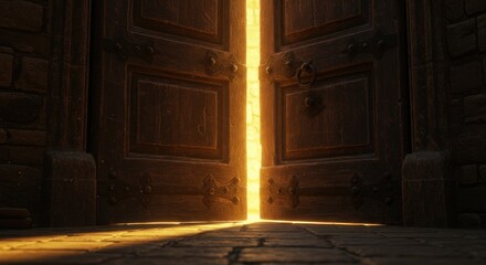 Mysterious old wooden doors open to a bright light, opportunity ahead