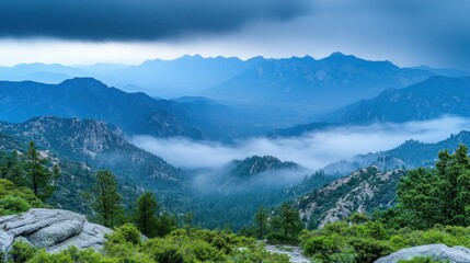 Mountain vista, evening mist, hazy, blue range