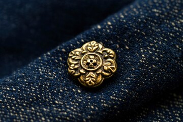 Floral button on a blue fabric for a craft or design element, close-up macro shot