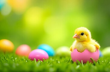 Cute yellow chicken hatches from a pink egg on the green grass with colorful Easter eggs in the background and a space for text. Selective focus blurred background.