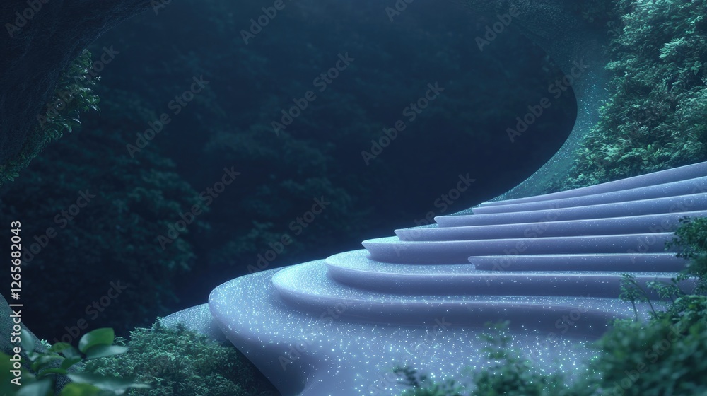 Poster alien stage with organic curves and glowing patterns surrounded by surreal luminescent vegetation cr