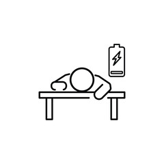 tired person in the workplace, tiredness or burnout icon, low level energy in work battery, exhausted and sleepy man, thin line symbol - editable stroke vector