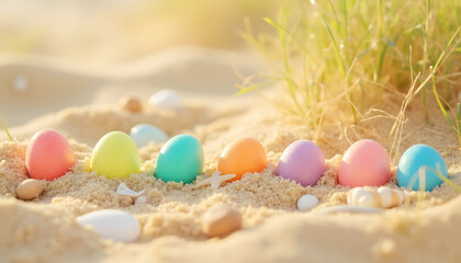 Easter eggs half buried in the sand. Egg hunt

