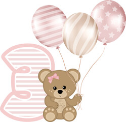 Adorable teddy Bear Girl with number 3 for Birthday Party