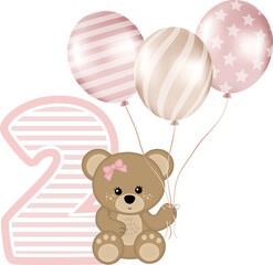 Adorable teddy Bear Girl with number 2 for Birthday Party