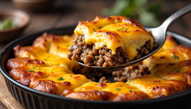 Traditional bobotie dish with minced meat and cheesy topping served in a dish  