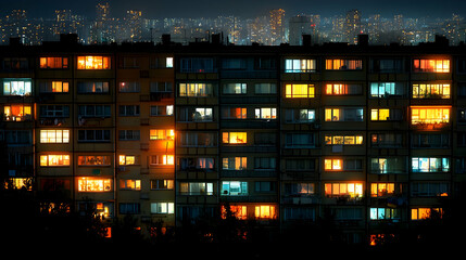 Fototapeta premium Night city lights illuminate apartment building windows. Stock photo for urban, night, city, apartment, building, home, light, window themes