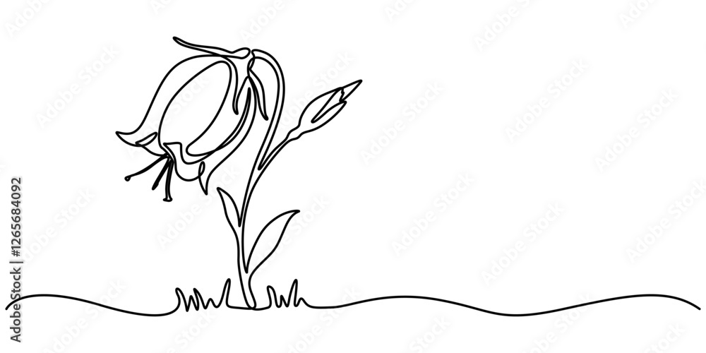 Poster spring snowdrop flower single line drawing with editable stroke and copy space, abstract bell shaped