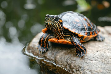 Turtle resting on a rock, near a pond, in natural habitat. Conservation topic