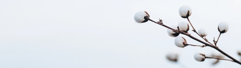 A close-up of a cotton branch with fluffy bolls against a soft background, ideal for textile, farming, or sustainability-related designs, illustrating natural beauty and agricultural themes,