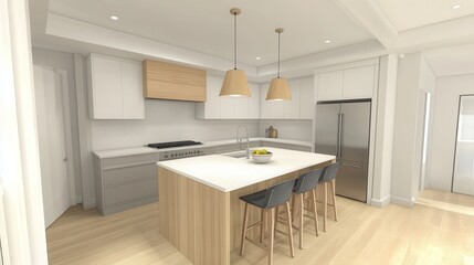 Fototapeta premium Bright and modern kitchen featuring a central island counter