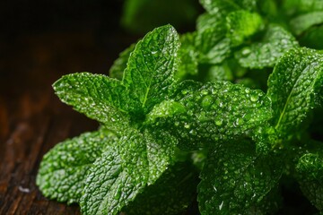 Fresh mint leaves with water droplets, on wooden board, for cooking and tea