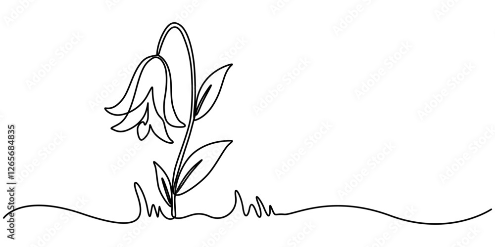 Poster Spring Snowdrop Flower Single Line Drawing with Editable Stroke and Copy Space, Abstract bell shaped flowers in continuous line art drawing style. Minimalist black linear sketch isolated on white back