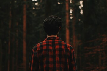 Naklejka premium Back view of a person looking at trees in forest, surrounded by tall trees