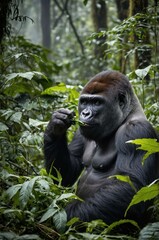 A gorilla sitting in a lush forest, eating leaves amidst dense greenery.