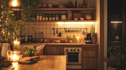 Warmly lit kitchen interior showcases wooden cabinets and plants
