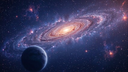 Stunning galaxy with vibrant nebulae stars and a detailed planet forefront