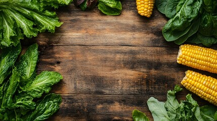 Fresh Corn Cobs and Leafy Greens on Textured Wooden Surface with Copy Space