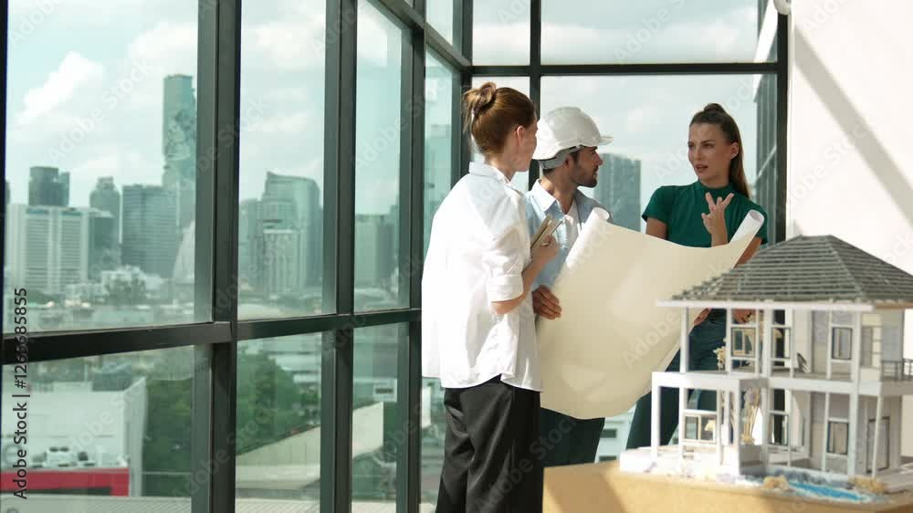 Poster professional architect engineer team talking, sharing, brainstorming about design while manager hold