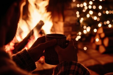 Person holds mug in cozy home setting with warm fire and glowing holiday tree