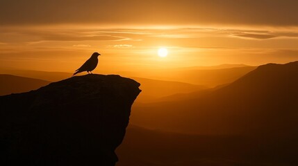 A silhouetted bird perches on a ledge against a stunning sunset backdrop, casting an inspirational and serene mood, Ideal for nature, travel, or motivational themes,