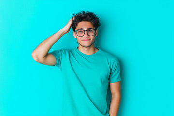 Fototapeta premium Young man with curly hair and glasses poses playfully against a bright teal background