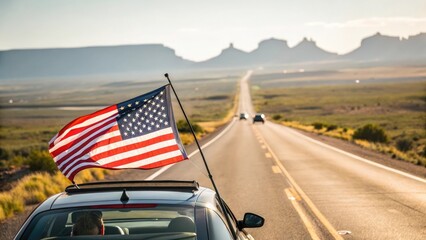 American Flag on Car Traveling on Open Road against a Mountain Backdrop