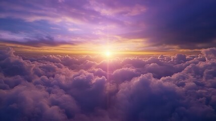A vibrant sunset illuminates a sea of fluffy clouds, creating a serene and picturesque sky filled with purple and golden hues.