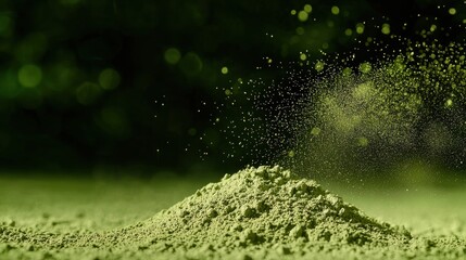 A close-up of a green powder mound, with fine particles suspended in the air, creating a dynamic and vibrant visual effect.