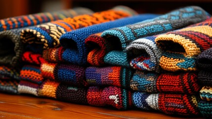 Fototapeta premium A stack of beautifully knitted sweaters showcases an array of colors and patterns, creating a warm and inviting atmosphere, Ideal for lifestyle blogs, fashion articles, or cozy home decor projects,