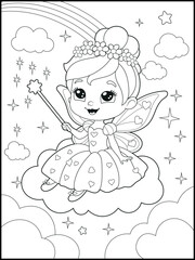 Black and white fairy coloring pages for kids. Children's coloring books with cute cartoon fairy characters, fun and educational materials for kindergarten.
