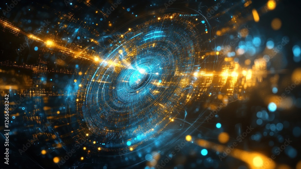 Poster abstract digital technology background with glowing particles and circuits