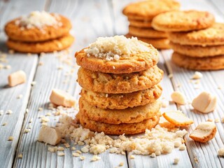 Delicious Coconut Biscuits with Toasted Coconut Flakes on Rustic White Wood