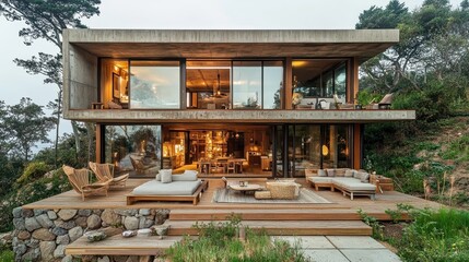 Naklejka premium Modern concrete house with large windows and a spacious wooden deck